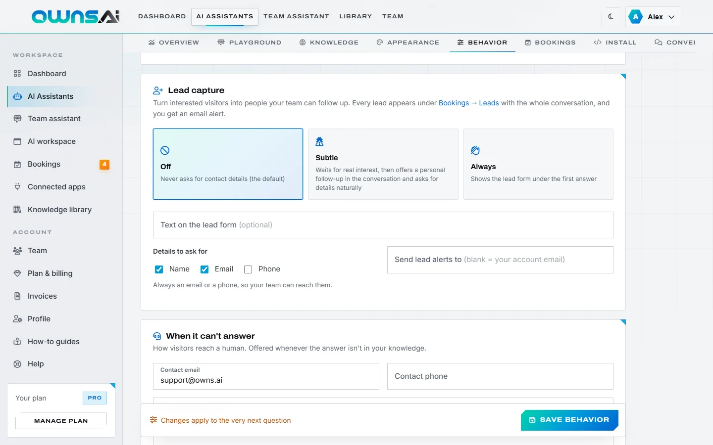 Lead capture settings with Off, Subtle and Always, and the details to ask for