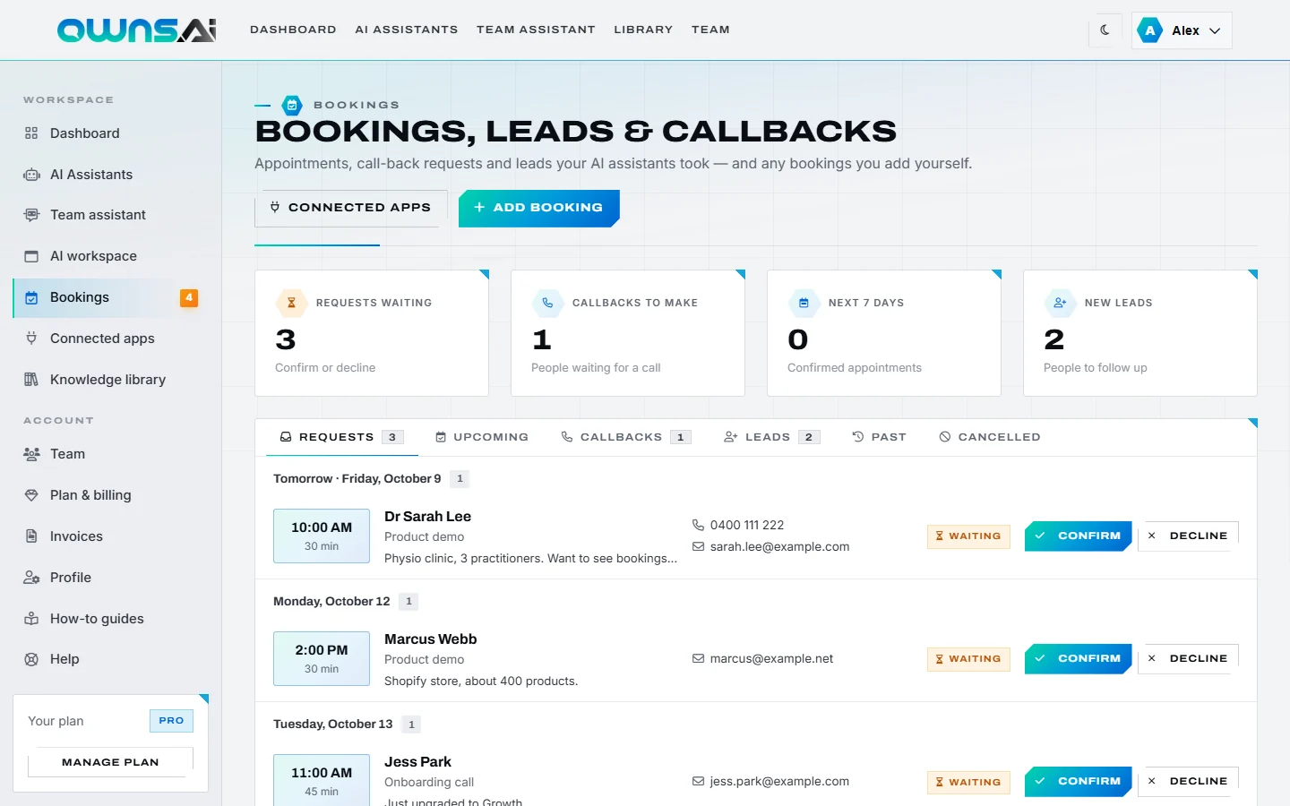The Bookings page with requests waiting, callbacks, and Confirm and Decline buttons