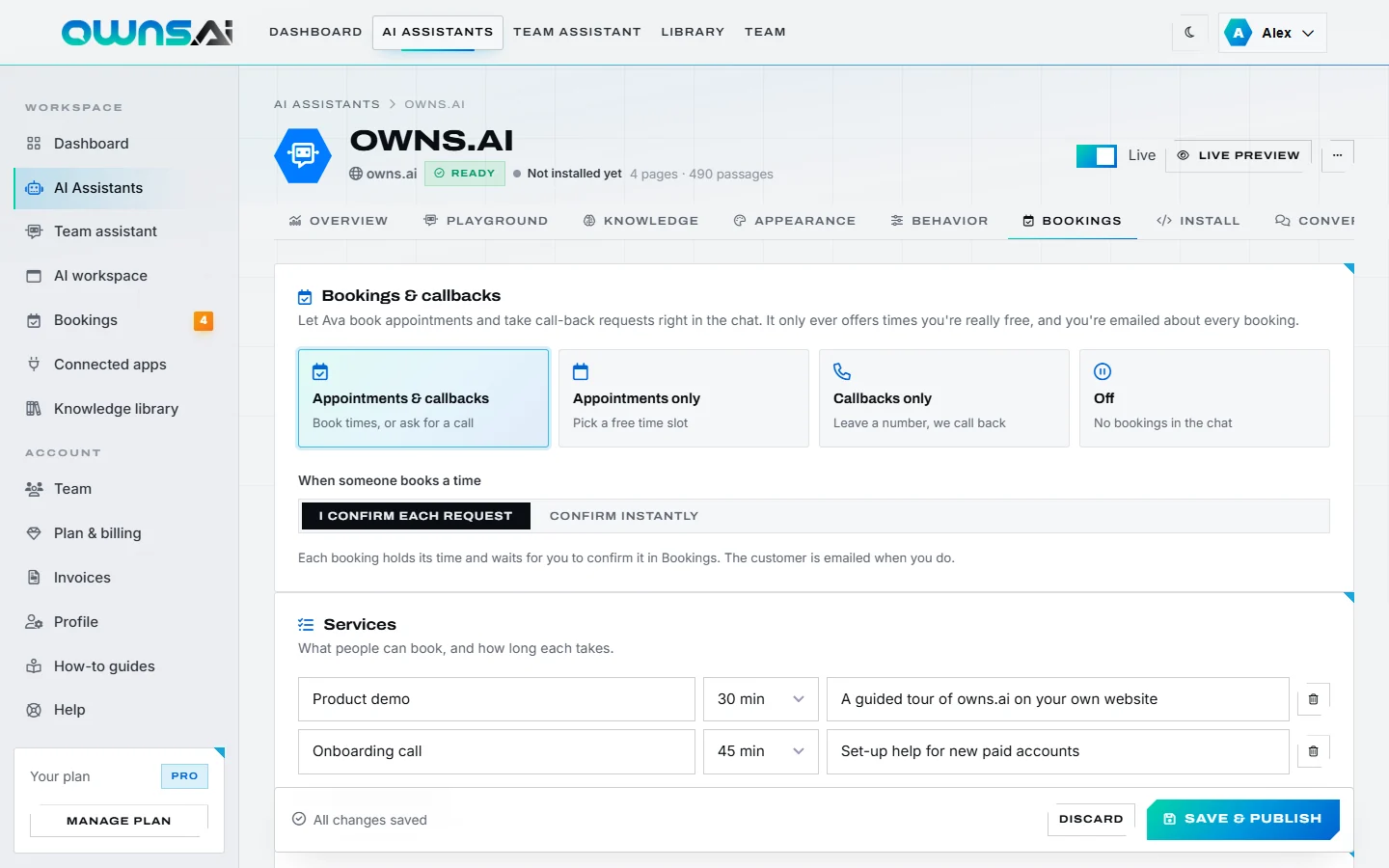 Booking settings: what it can take, instant or approved, and the services list