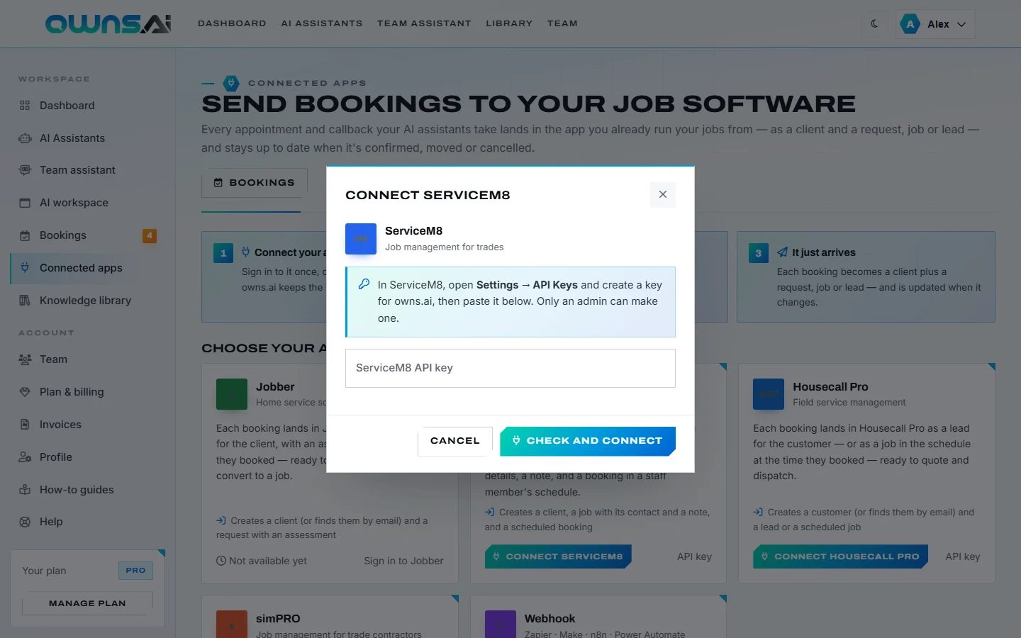 The Connect ServiceM8 dialog asking for an API key
