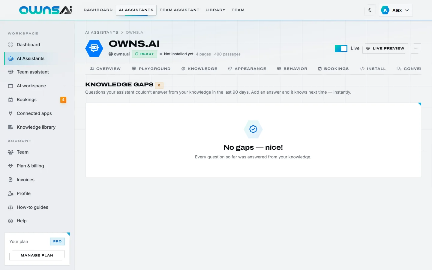 The Knowledge Gaps tab showing no gaps