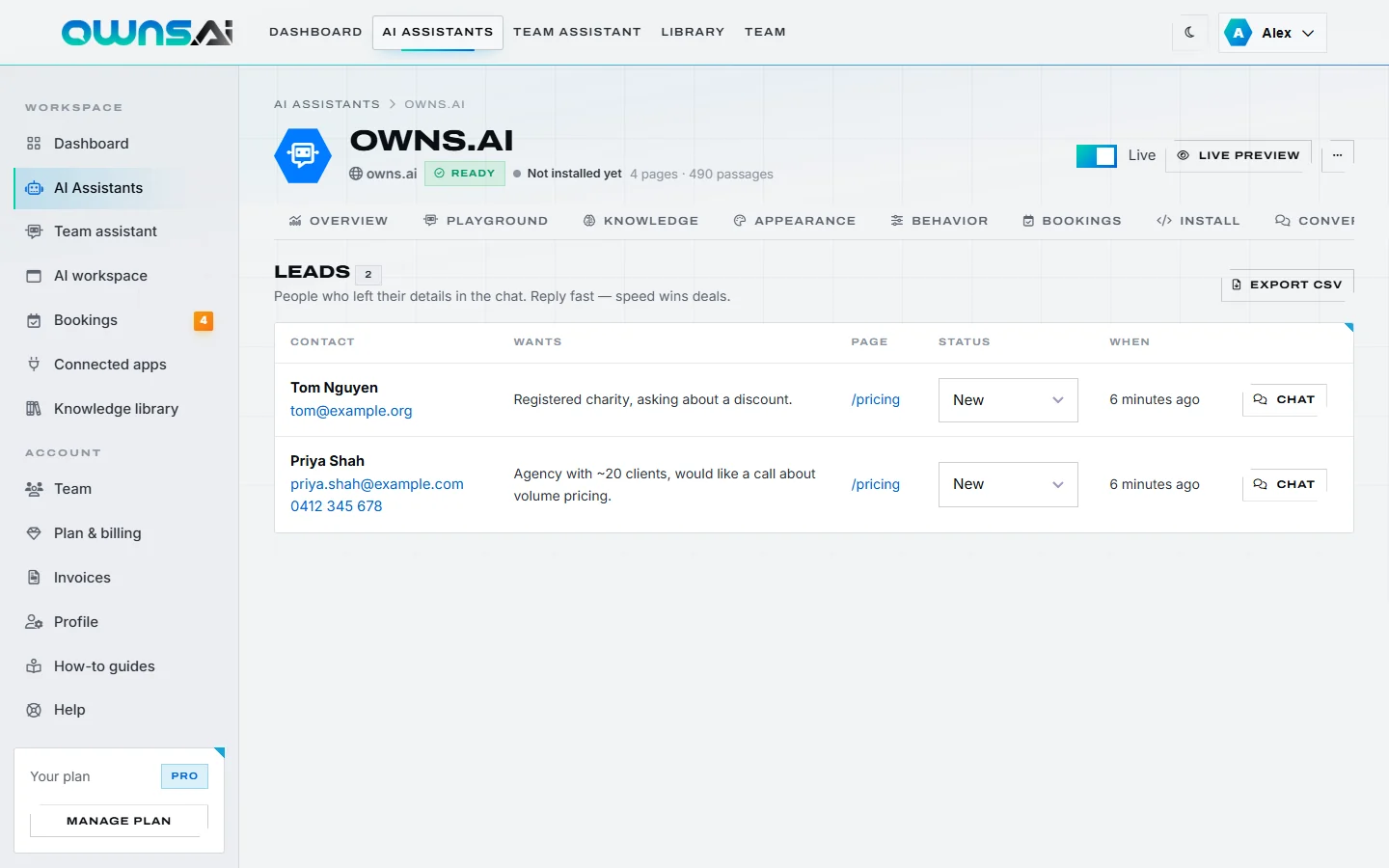 The Leads tab with two leads, their details, page, status and the Chat button