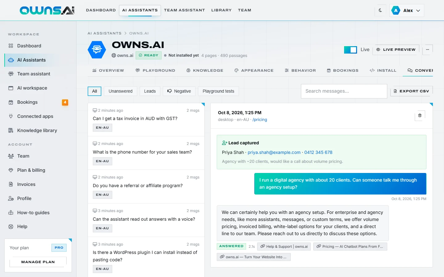 The Conversations tab with a list of chats and one transcript open, showing a captured lead and the sources of an answer
