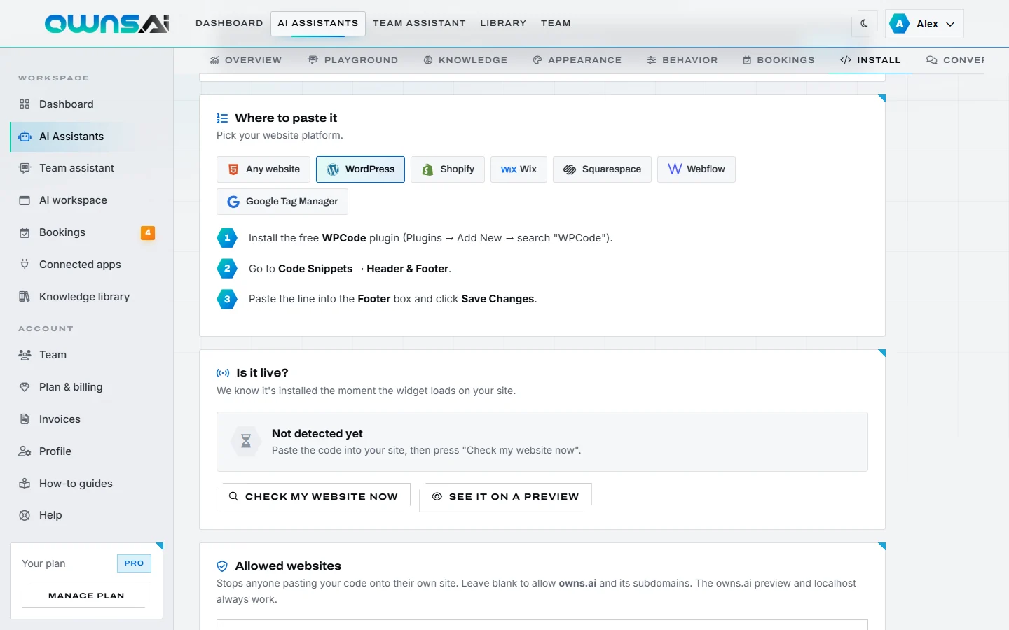 WordPress install steps shown on the Install tab