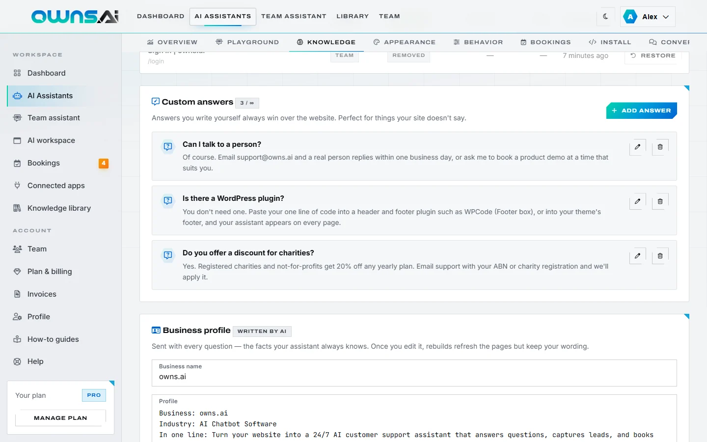 A list of custom answers with edit and delete buttons