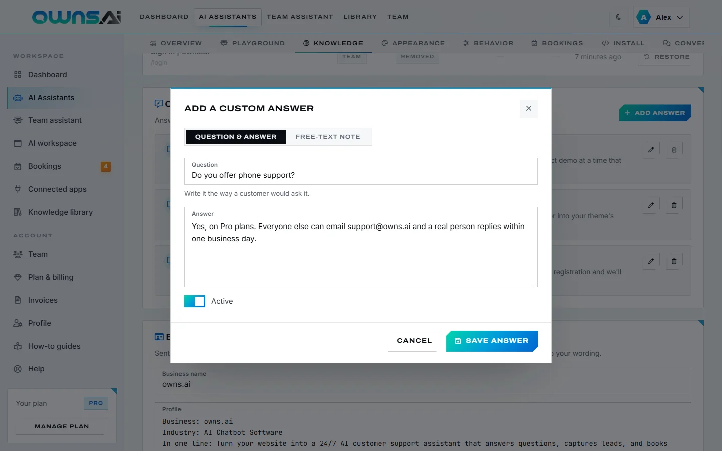 The Add a custom answer dialog with a question and an answer filled in