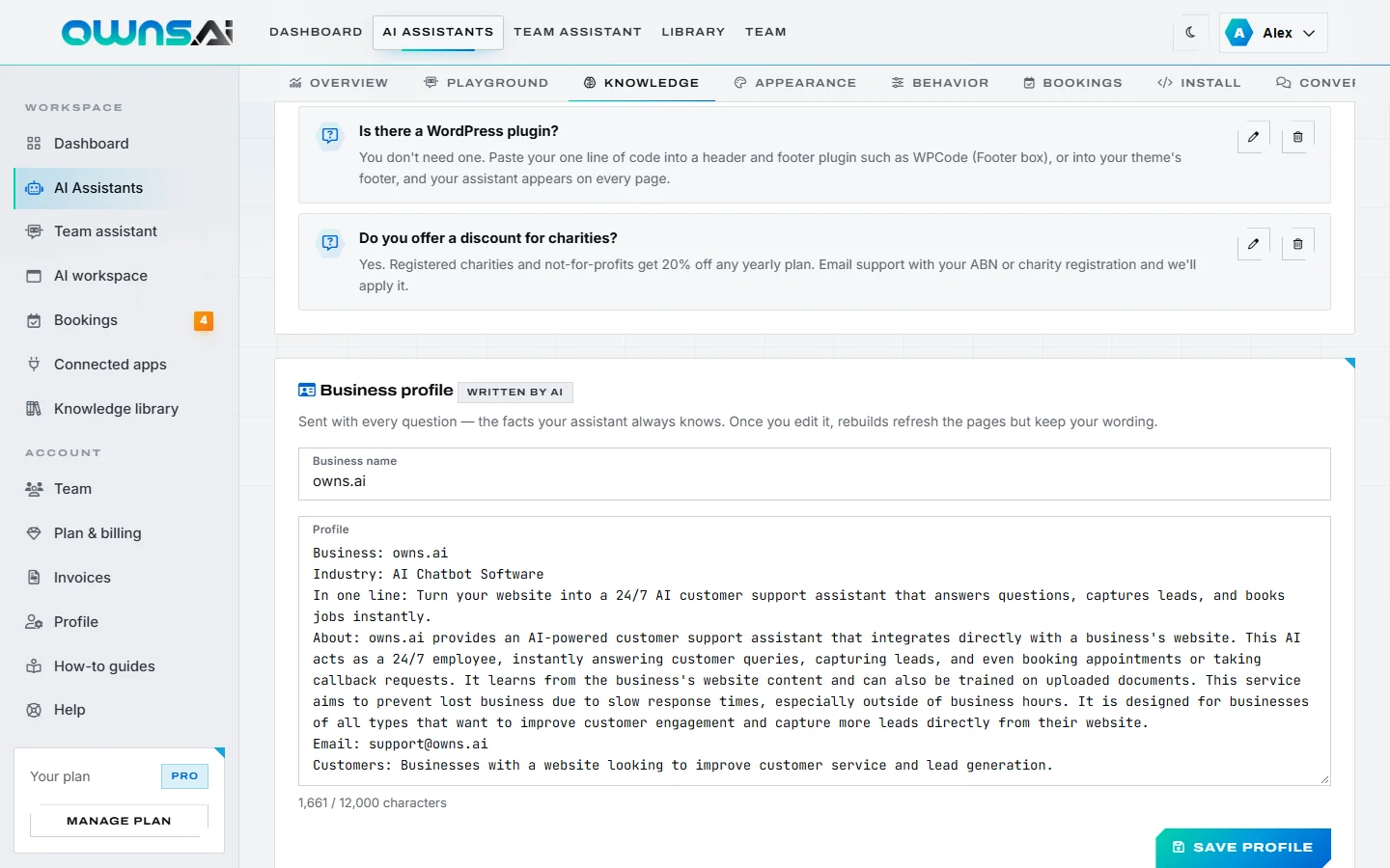 The business profile editor with the business name and profile text