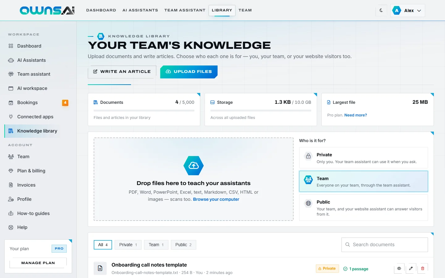 The Knowledge library page header with document, storage and file size limits