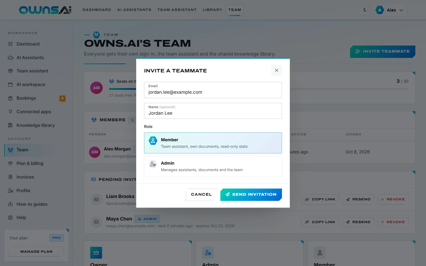 The Invite a teammate dialog with an email, a name and the Member and Admin roles