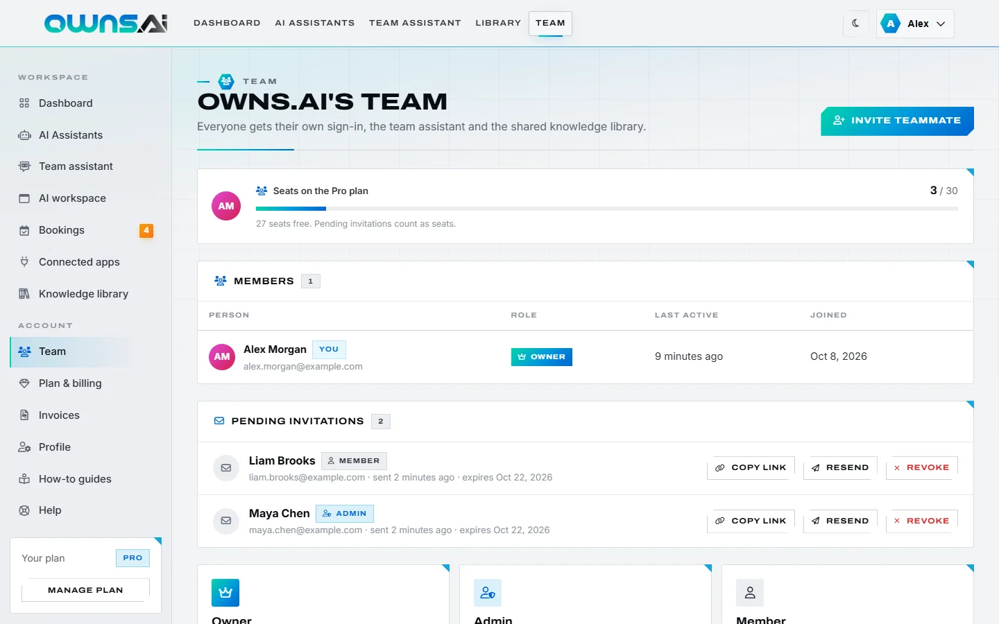 The Team page showing seats used, the owner and two pending invitations