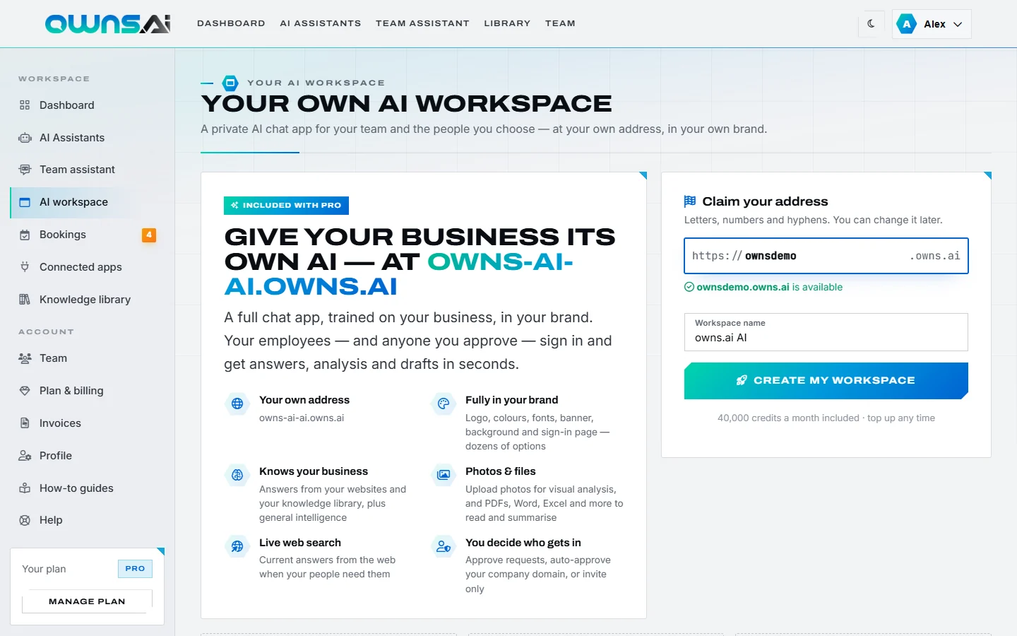 Claiming a workspace address that shows as available, with the workspace name