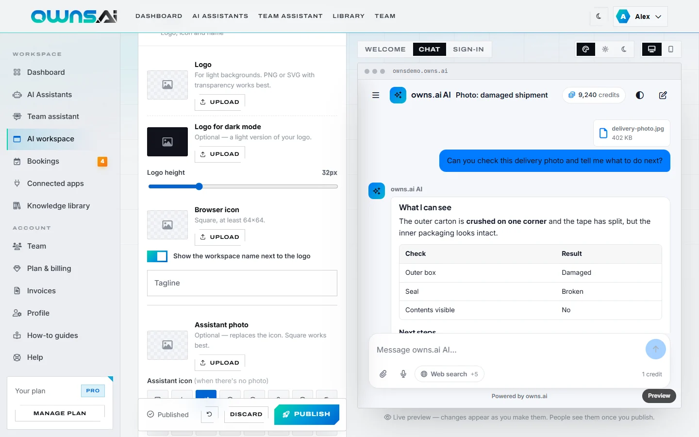 Brand settings in the studio, and the chat preview showing credits and the web search option